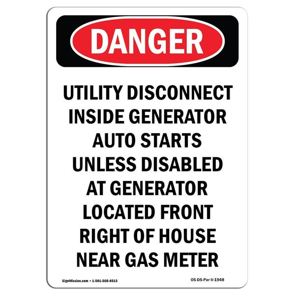 Signmission Safety Sign, OSHA Danger, 24" Height, Rigid Plastic, Utility Disconnect Inside Generator, Portrait OS-DS-P-1824-V-1948